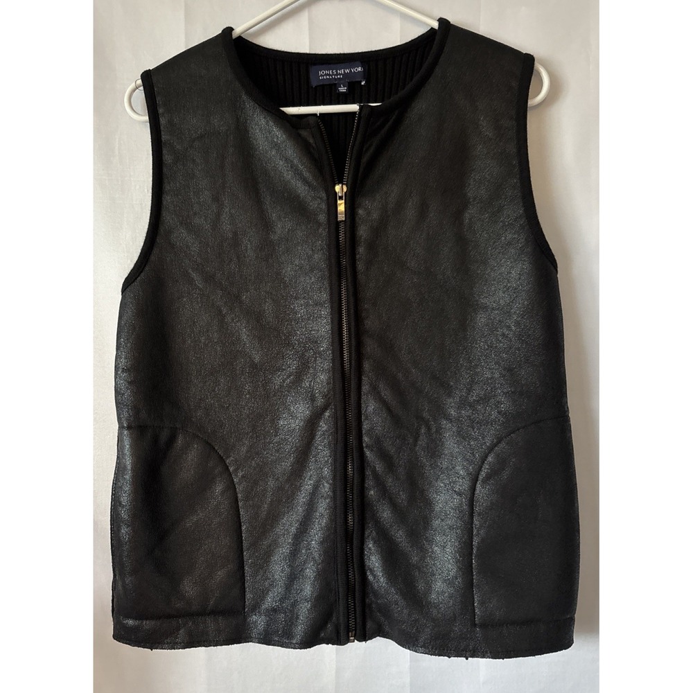 JONES NEW‎ YORK Women's Faux Leather Front Zipper Vest Sz L Black Casual Preppy